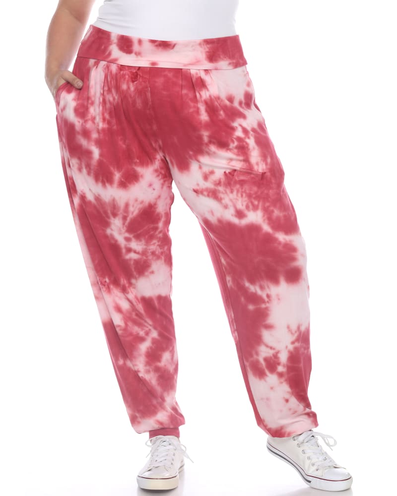 Front of a model wearing a size 3X Tie Dye Harem Pants in Red by White Mark. | dia_product_style_image_id:247114